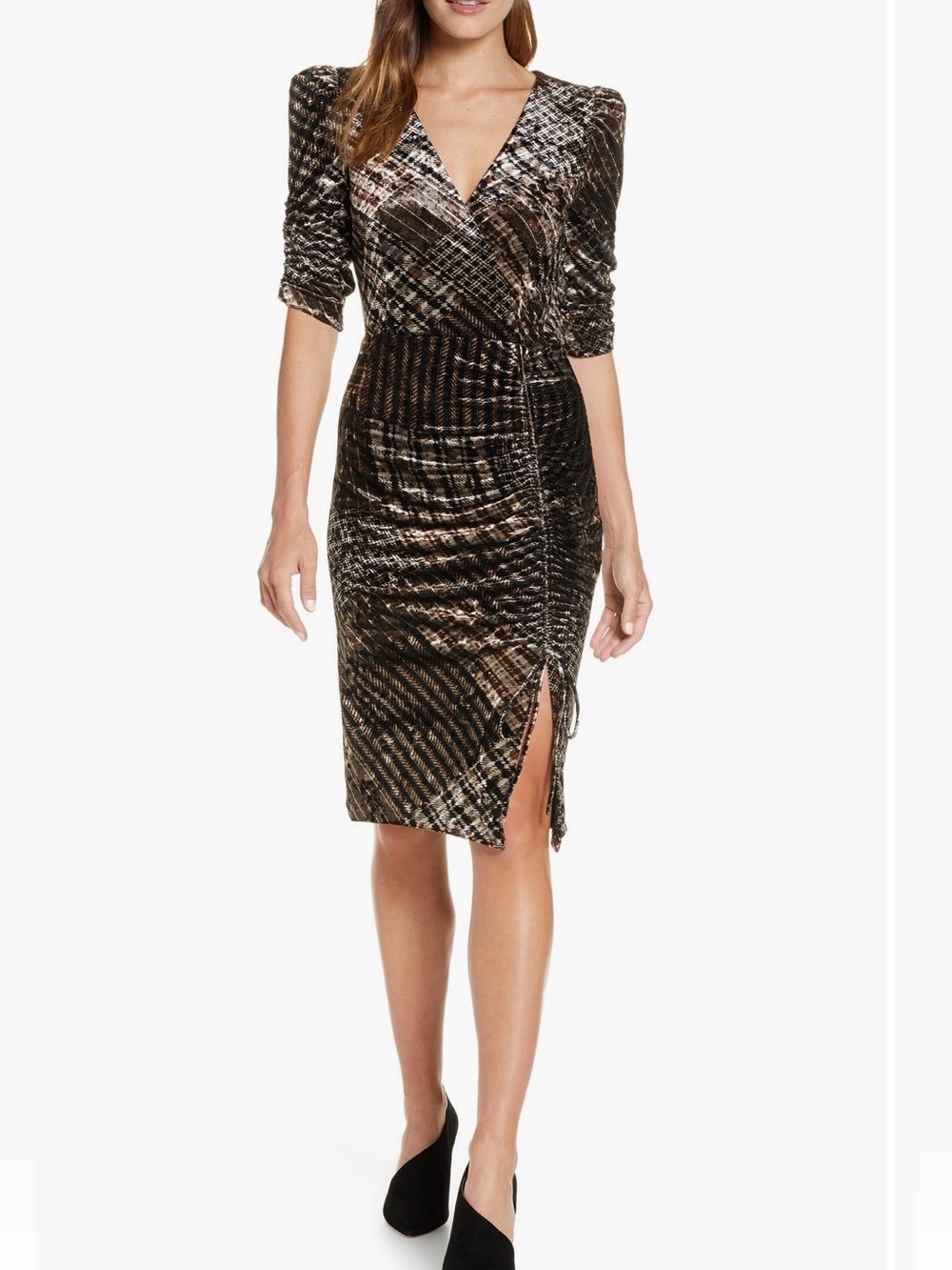 Eliza J Velvet Ruched Party Dress in Brown Plaid